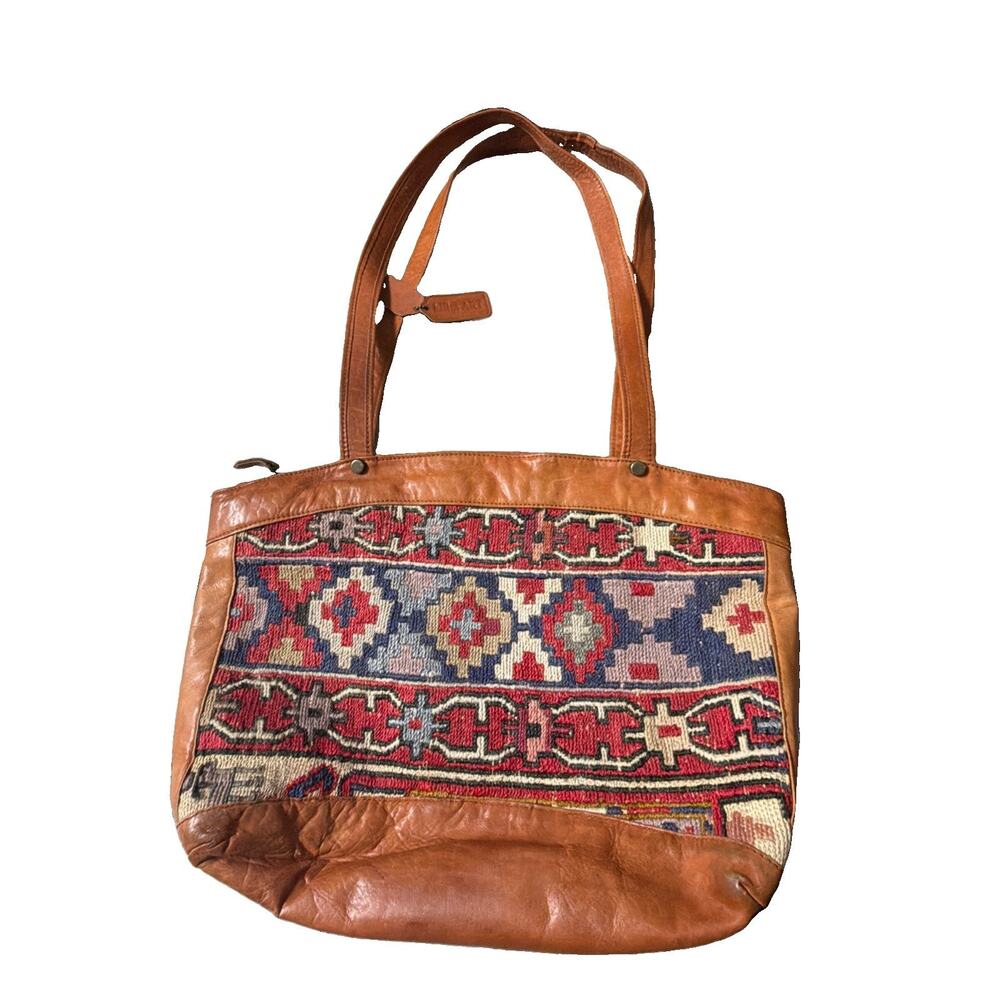 VINTAGE KILIM ART 70s TAPESTRY LEATHER HANDMADE BAG A